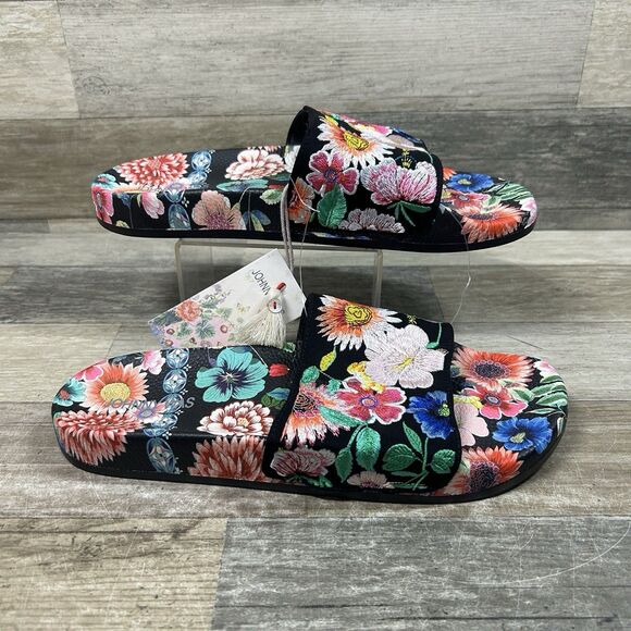 Johnny Was Evening Palace Slide Women's 10 Black Floral Flip Flop Shoe NWT - Picture 1 of 8